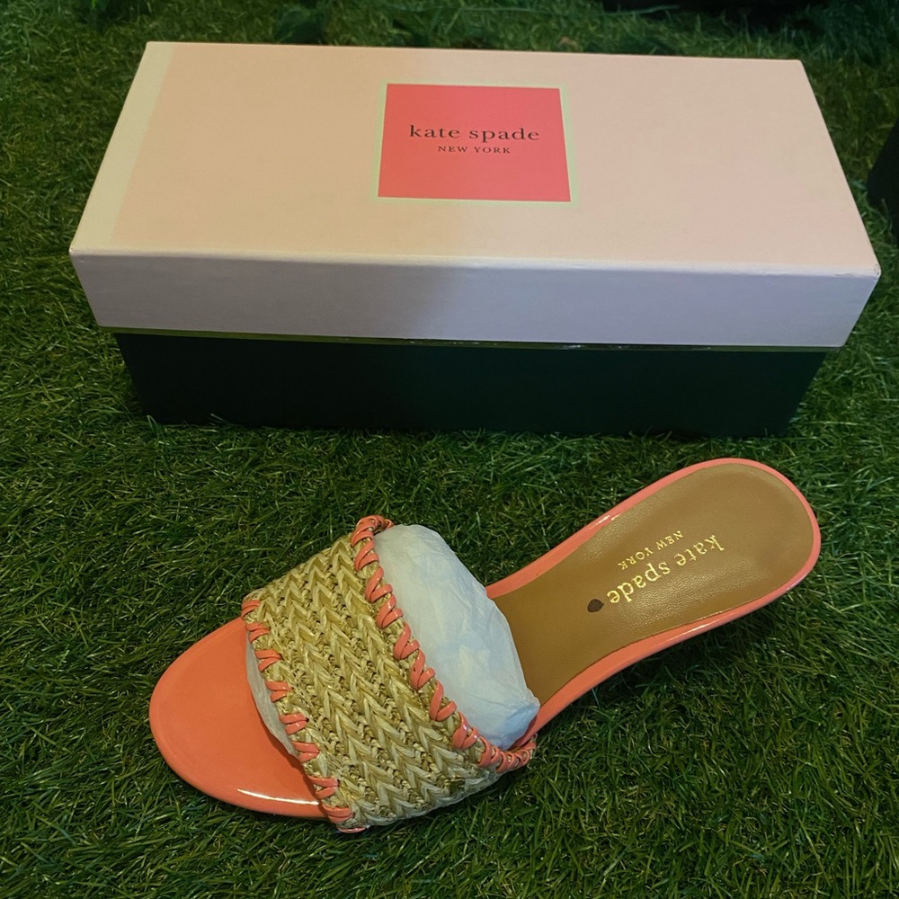 Kate Spade Coral and Tan Woven Slide Sandals